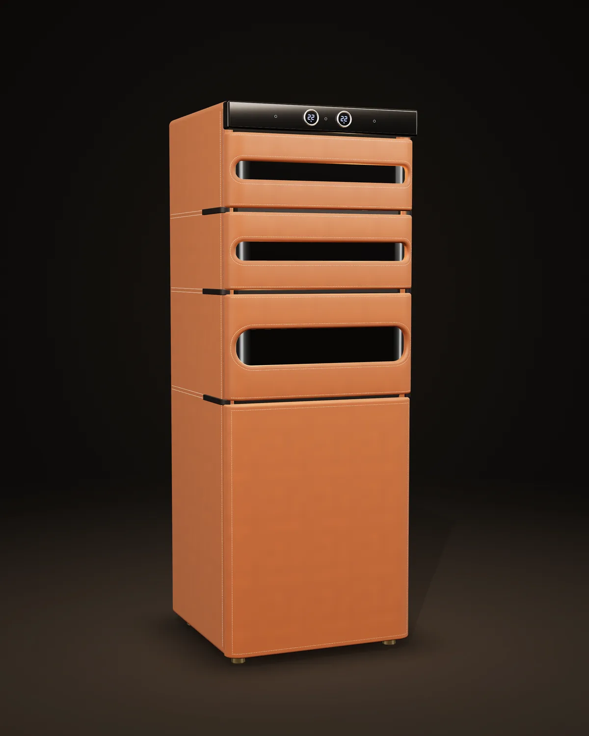 Sentinelle in tan leather: a control strip, three windowed leather drawers and a tall lower door