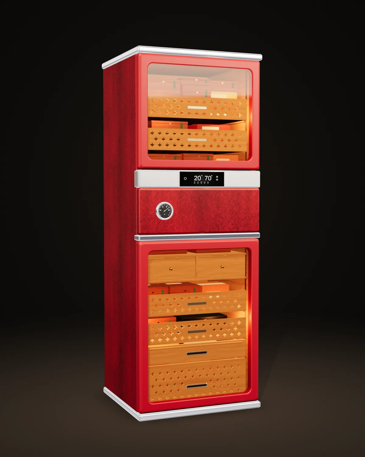 Antilles in San Diego Red: figured veneer framed in bright metal, a glazed upper door, a centre band with display and hygrometer, and a glazed lower door onto cedar drawers