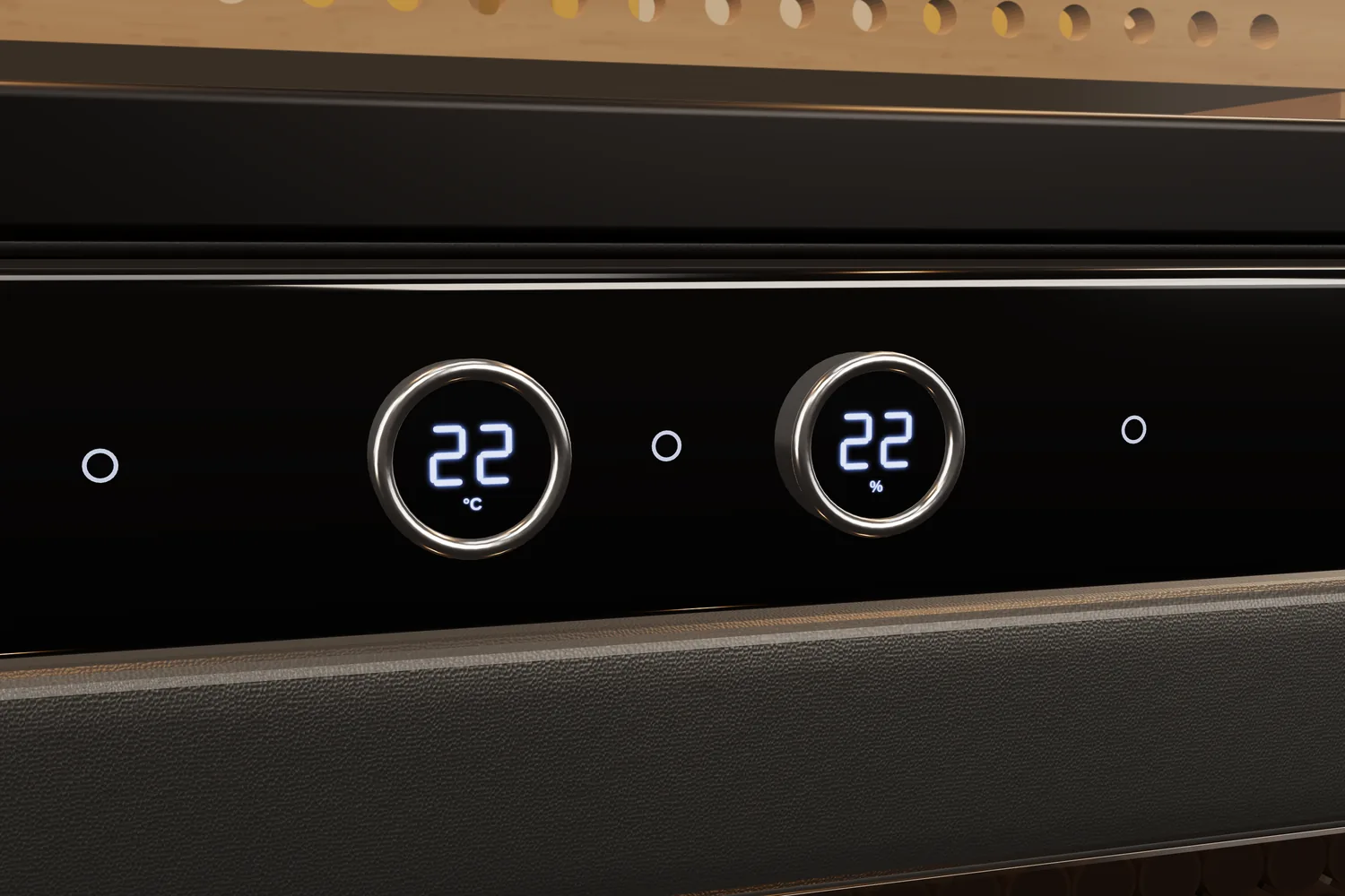 Black glass control strip with two illuminated dials reading 22